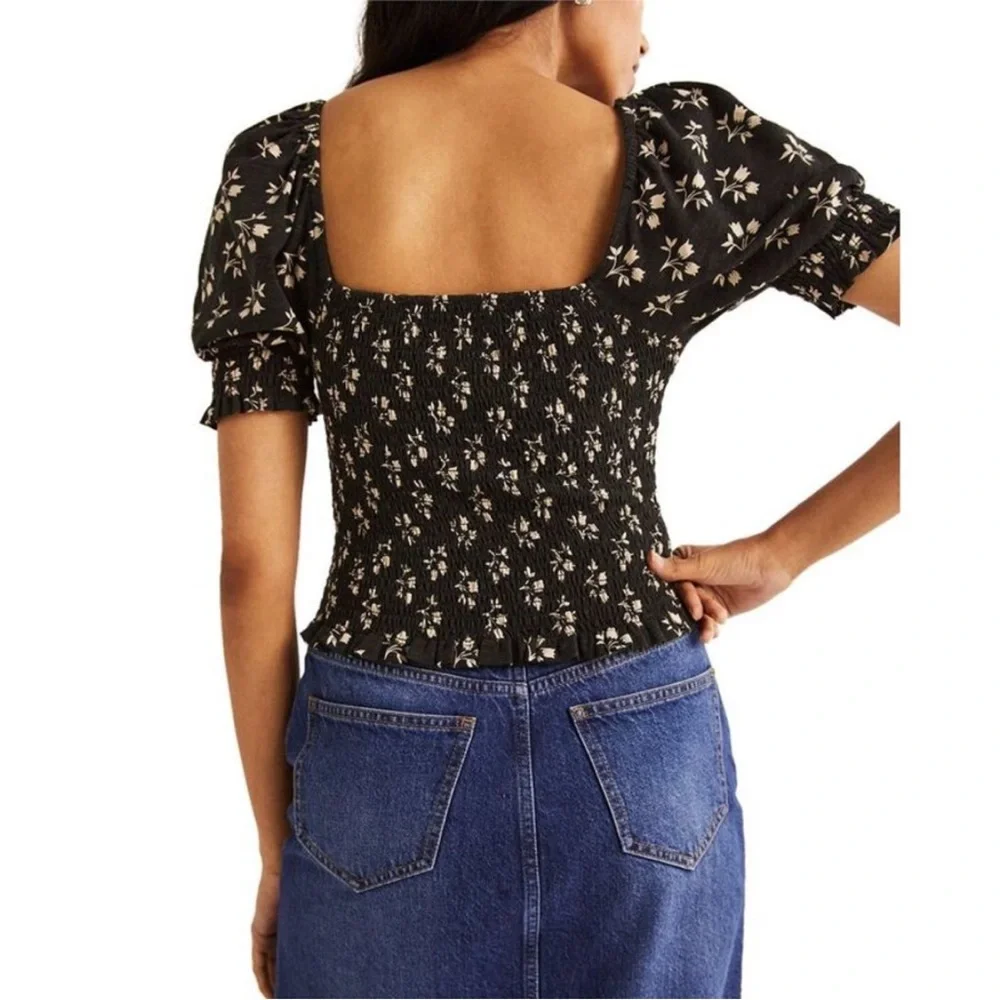 Boden Square Neck Smocked Jersey Crop Top in Black Bud